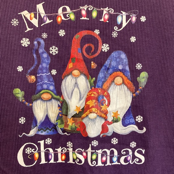 Gnome Merry Christmas Long Sleeve Top Purple White Holiday Trio Festive Ribbed - Picture 3 of 3